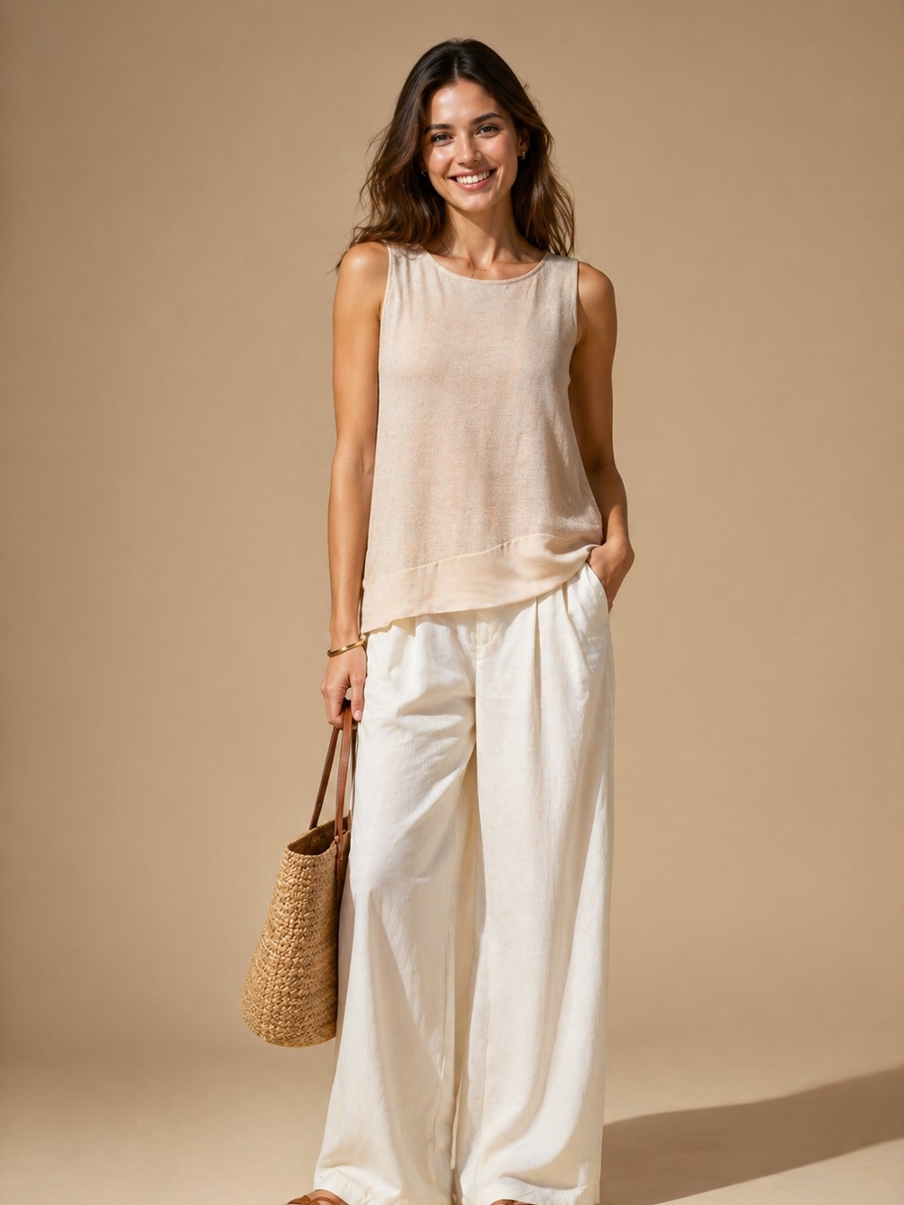 NIC+ZOE Elegant Fine Knitting Beige Layered Silk Tank Top